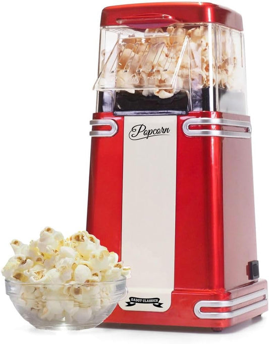 Popcorn Machine - Retro Popcorn Maker - Hot Air Popcorn Popper - Fat Free Oil Free Gourmet Popcorn - Healthy Snack