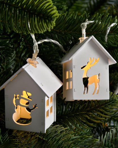 Reindeer and Snowman Wooden House Light String with 10-LED - White
