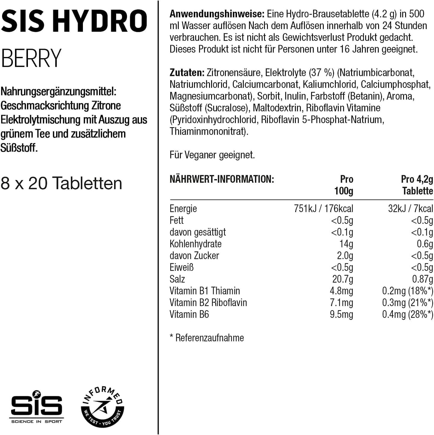 Hydro Hydration Tablets, Gluten-Free, Zero Sugar, Berry Flavour plus Electrolytes, 20 Effervescent Tablets per Bottle (3 Bottles)