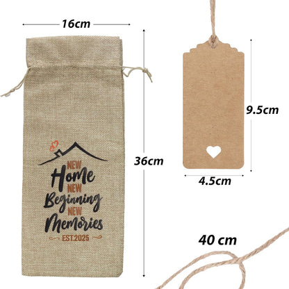 New Home Wine Gift Bag Cotton Linen Drawstring Bottle Bag for Wine with Tag and Rope New Home Gift Bags Wine Bottle Cover Bags New Home Gifts for Men Women