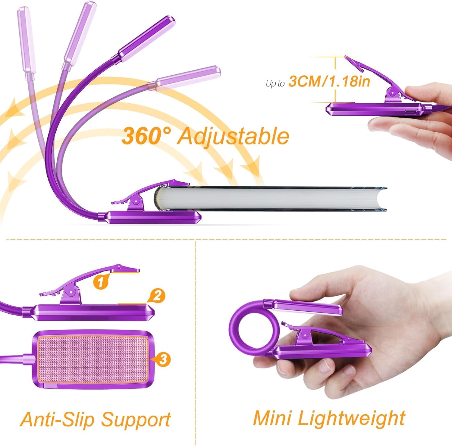 9 LED Clip on Book Light, 3 Eye-Protecting Modes Flexible Reading Light Book Lamp (Warm&Cool White) -Stepless Dimming, Rechargeable, Long Battery Life, 4-Level Power Indicator-Dark Purple