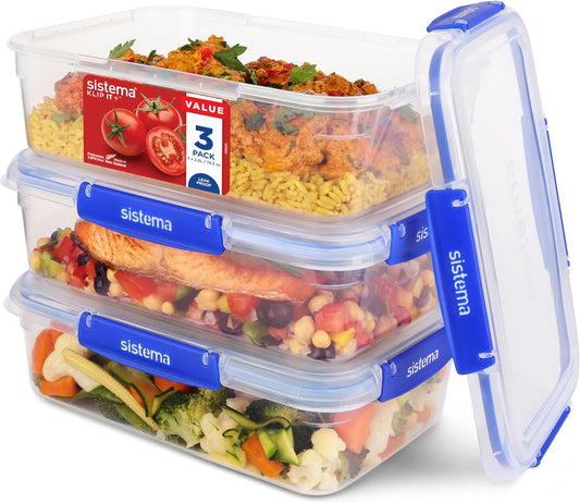 KLIP IT plus Leakproof Food Storage Containers | 2.2 L | Airtight, Stackable & Nestable Meal Prep Containers with Lids | School Lunch Boxes | Bpa-Free | 3 Count, Blue