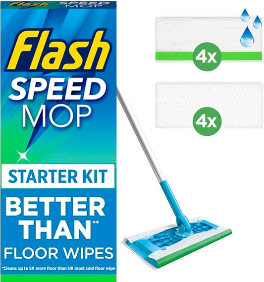 Speed Mop Starter Kit, All-In-One Floor Mopping System (4 Wet + 4 Dry Pads),  Floor Mop,  Mop Refill Pads