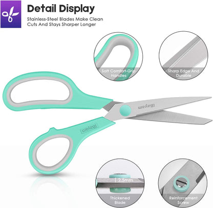 8" Multipurpose Scissors 3 Pack with Ultra Sharp Blades, Comfort-Grip Handles, Sturdy for School Home Office Art Craft Sewing Tailor Heavy Duty