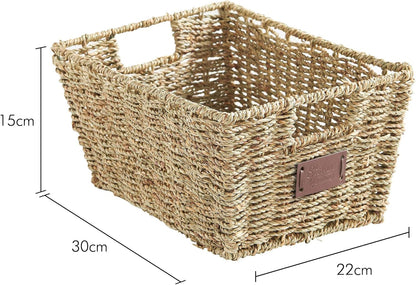 Seagrass Storage Baskets, Set of 4 Hand-Woven Display Hampers - Bathroom Storage Baskets for Shelves - Nesting Natural Wicker Seagrass Baskets for Storage W/Handles for Bedroom & Home Office