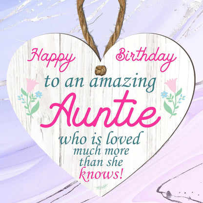 Wooden or Acrylic Heart Plaque for Auntie - Happy Birthday - Gift for an Amazing Auntie - Rustic Home Decor - Heartfelt Message - 10Cm X 9Cm - Made in the UK (Mdf Wood)