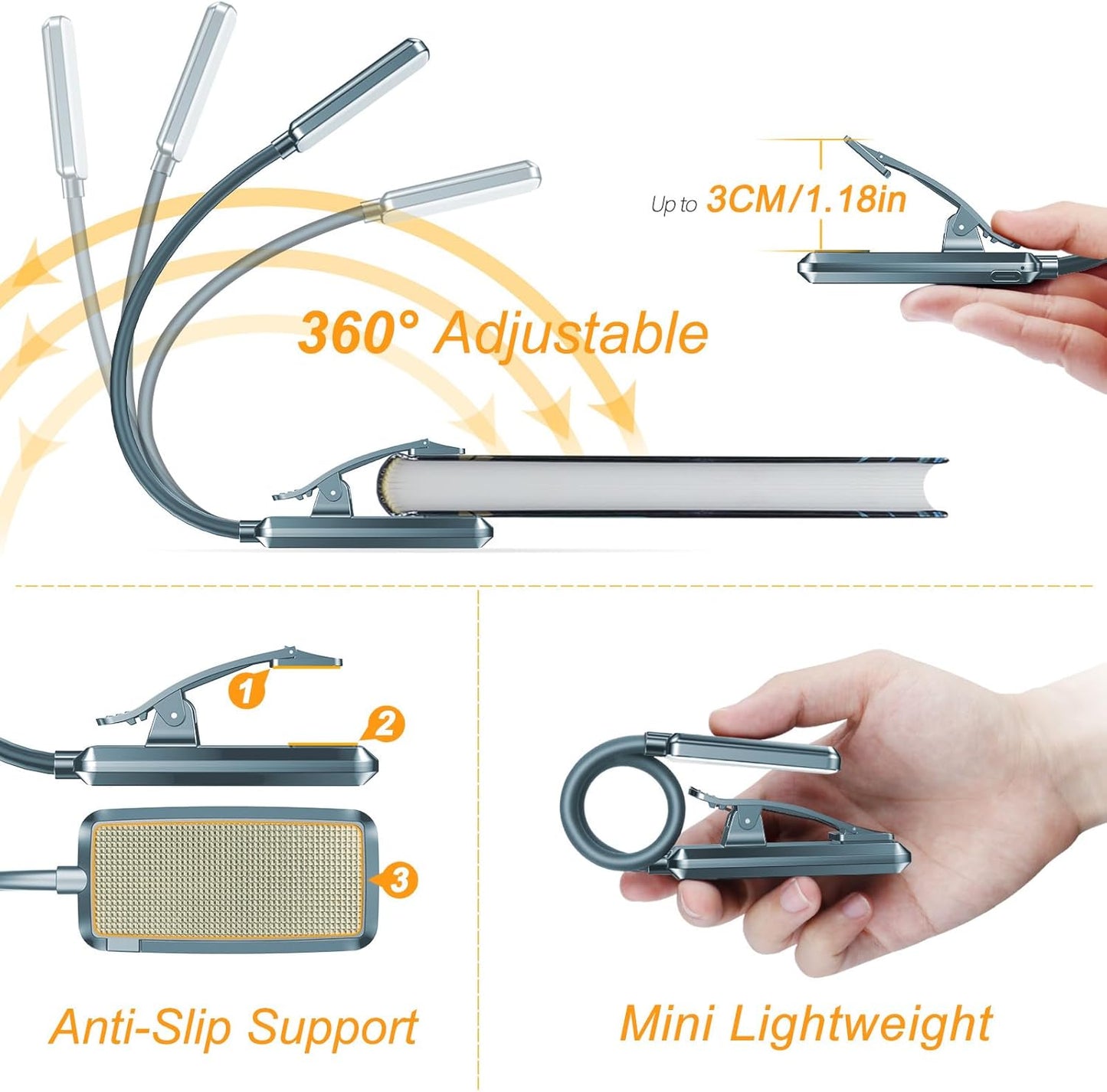 9 LED Clip on Book Light, 3 Eye-Protecting Modes Flexible Reading Light Book Lamp (Warm&Cool White) -Stepless Dimming, Rechargeable, Long Battery Life, 4-Level Power Indicator-Pacific Blue