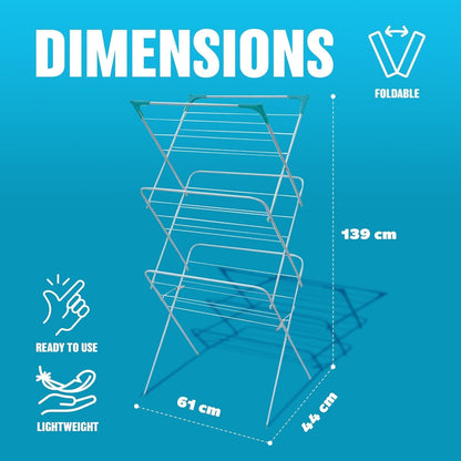 3 Tier Folding Clothes Airer - for Laundry, Indoor and Outdoor | Non-Slip Feet & Corner Spaces for Hangers | Home Storage - Foldable Drying Rack, Lightweight, Space Saving Washing Line
