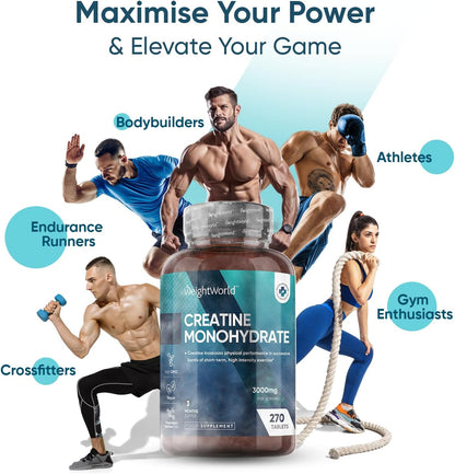 Creatine Monohydrate Tablets 3000Mg - 270 Creatine Tablets - Gym Supplement for Men & Women - Creatine Monohydrate Powder Alternative - Vegan & Keto Unflavoured Energy Supplement for Workout