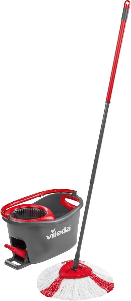 Turbo Microfibre Mop and Bucket Set, Spin Mop for Cleaning Floors, Set of 1X Mop and 1X Bucket,Grey/Red,48.5 X 27.5 X 28 Cm