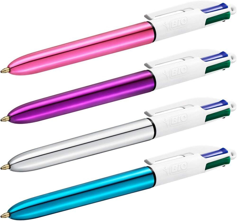 4 Colours Shine Pens, Multicoloured Pen, Retractable Ballpoint Pens, Biro Pens, Medium 1.0Mm, Green, Blue, Black, Red, 3 Pens per Pack, 1 Pack