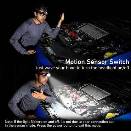 Head Torch Rechargeable, 2000L Super Bright Headlamp Waterproof Headlight with Hands Free Sensor Control&6 Lighting Modes - 30 Hrs+ Runtime,Adjustable Angle for Emergency, Running, Hiking Etc.