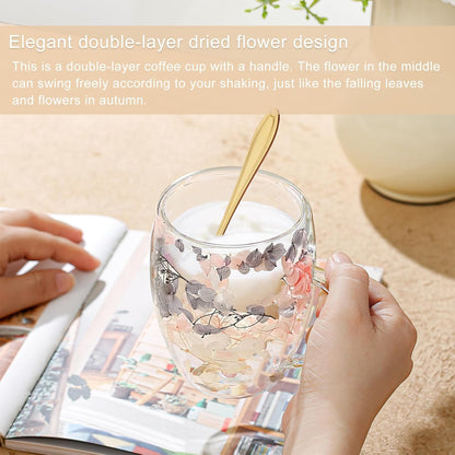 Gifts for Women Dried Flowers Double Wall Glass Coffee Mugs Cute Glass Tea Cups with Handles Christmas Birthday Gifts for Best Friend Teacher Mum Gifts Ideas Autumn Mug Home Decor(Grey+Pink)