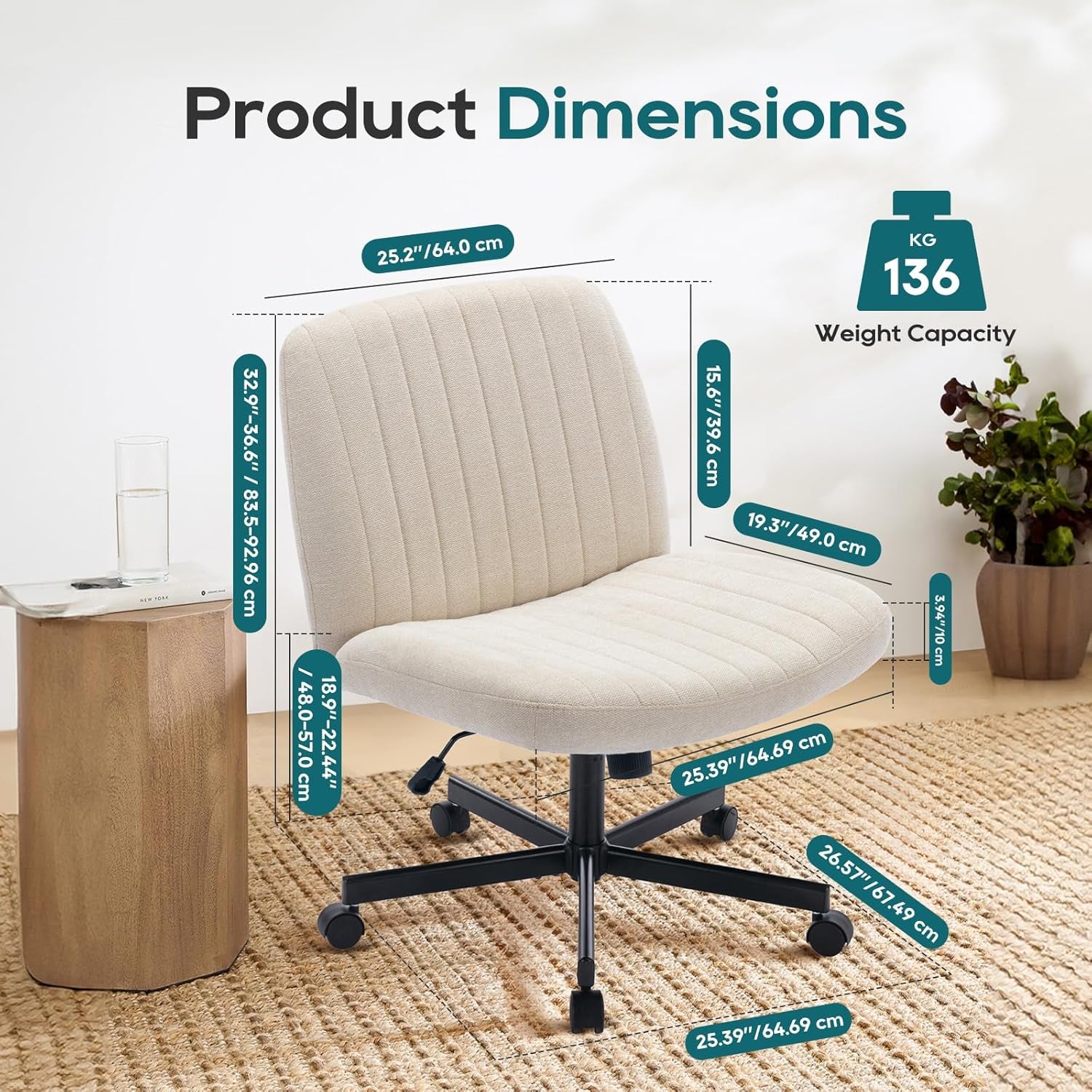 Wide Office Chair, Padded Armless Task Vanity Chair Swivel Home Office Desk Chair 115°Rocking Mid Back Ergonomic Computer Chair for Home Working, Make Up, Gaming (With Wheels, Beige)
