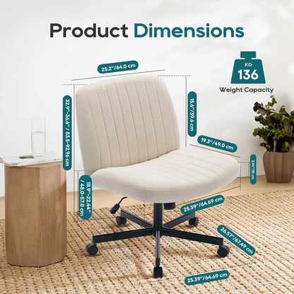 Wide Office Chair, Padded Armless Task Vanity Chair Swivel Home Office Desk Chair 115°Rocking Mid Back Ergonomic Computer Chair for Home Working, Make Up, Gaming (With Wheels, Beige)