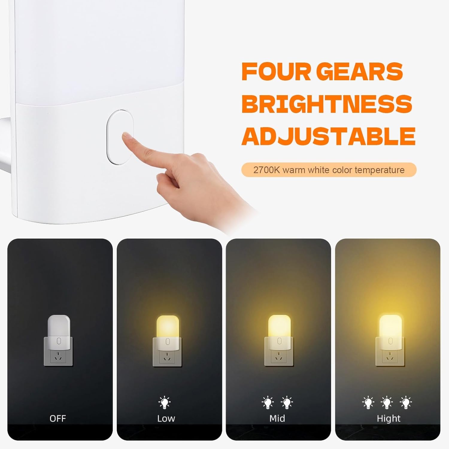GD103UK-1 Night Light Plug in Wall with Dusk to Dawn Photocell Sensor, 4 Levels Brightness Adjustable, Night Light Kids for Children'S Room, Hallway, Bedrooms, Garage, Warm White
