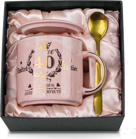 40Th Birthday Gifts for Women, Pink Birthday Gifts for Her, Aged to Perfection - Happy 40Th Birthday Mug Printed with Gold, 12Oz Ceramic Coffee Cup for 40Th Bday Women Friend, Wife, Sister, Gift Boxed