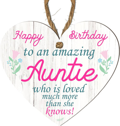 Wooden or Acrylic Heart Plaque for Auntie - Happy Birthday - Gift for an Amazing Auntie - Rustic Home Decor - Heartfelt Message - 10Cm X 9Cm - Made in the UK (Mdf Wood)