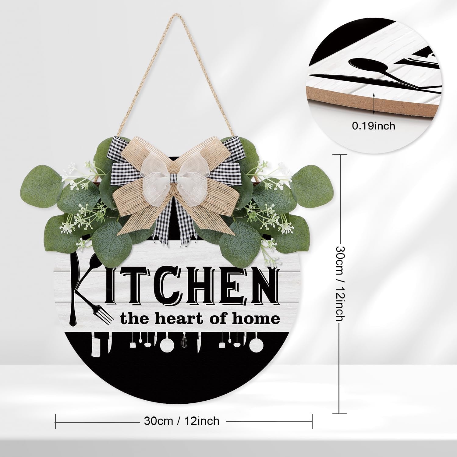 Kitchen Wooden Hanging Signs Rustic Wood Sign for Home Kitchen Decor round Wood Hanging Sign with Ribbon Bow and Artificial Green Leaves Farmhouse Style Wall Art for Kitchen Home Art Decor