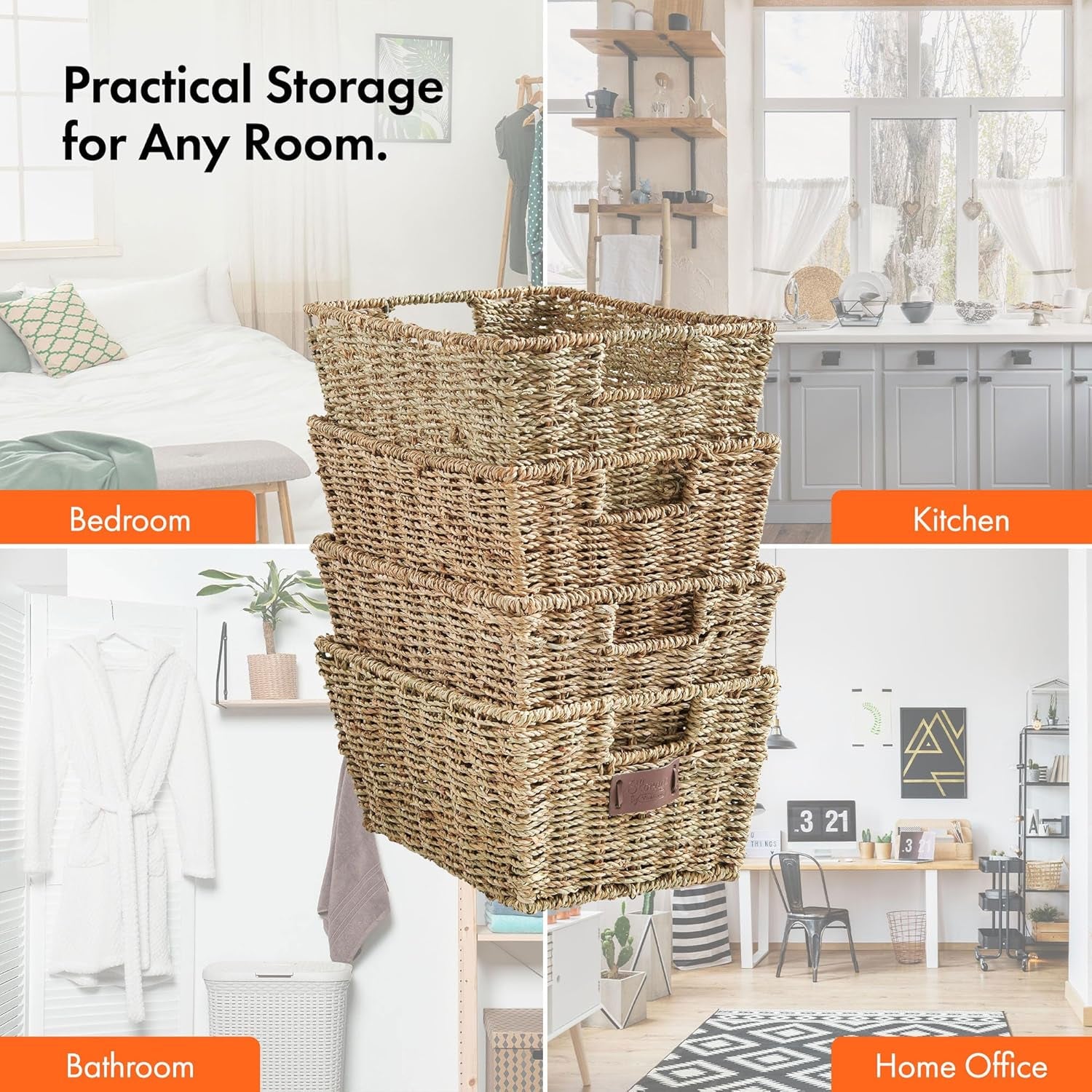 Seagrass Storage Baskets, Set of 4 Hand-Woven Display Hampers - Bathroom Storage Baskets for Shelves - Nesting Natural Wicker Seagrass Baskets for Storage W/Handles for Bedroom & Home Office
