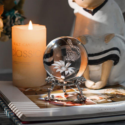 60Mm Butterfly Crystal Ball Paperweight,3D Laser Engraved Butterfly on Sunflower in Glass Ball with Stand Decorative Butterfly Glass Sphere Home Decor Gifts for Women Girls
