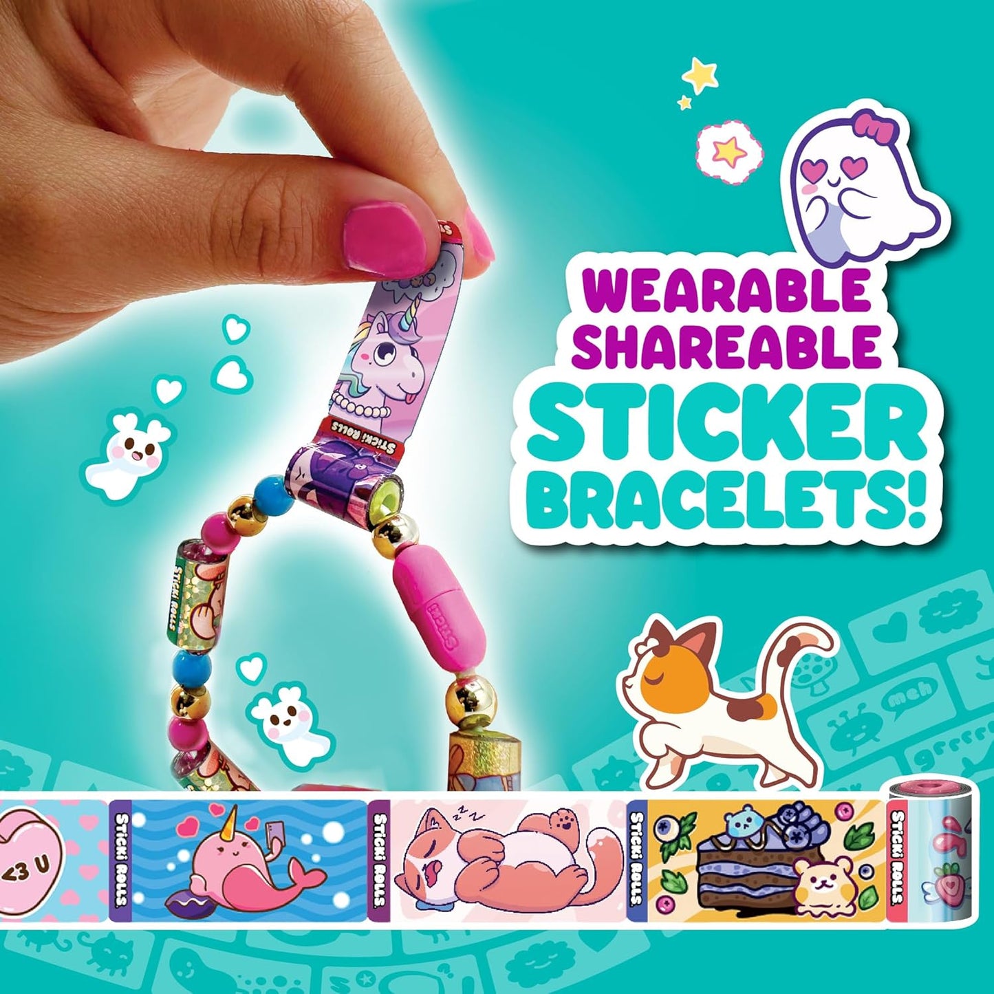 Sticki Rolls Sticki Bands, Wearable & Shareable Sticker Bracelet, 70 Mini Stickers, Assorted Colours and Styles, Packaging May Vary