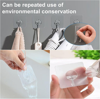 Wall Hooks 15Kg(Max) Heavy Duty Self Adhesive Hooks 10 Pack,Waterproof and Oilproof,Transparent Reusable Seamless Hooks Strong,Suitable for Bathroom Kitchen
