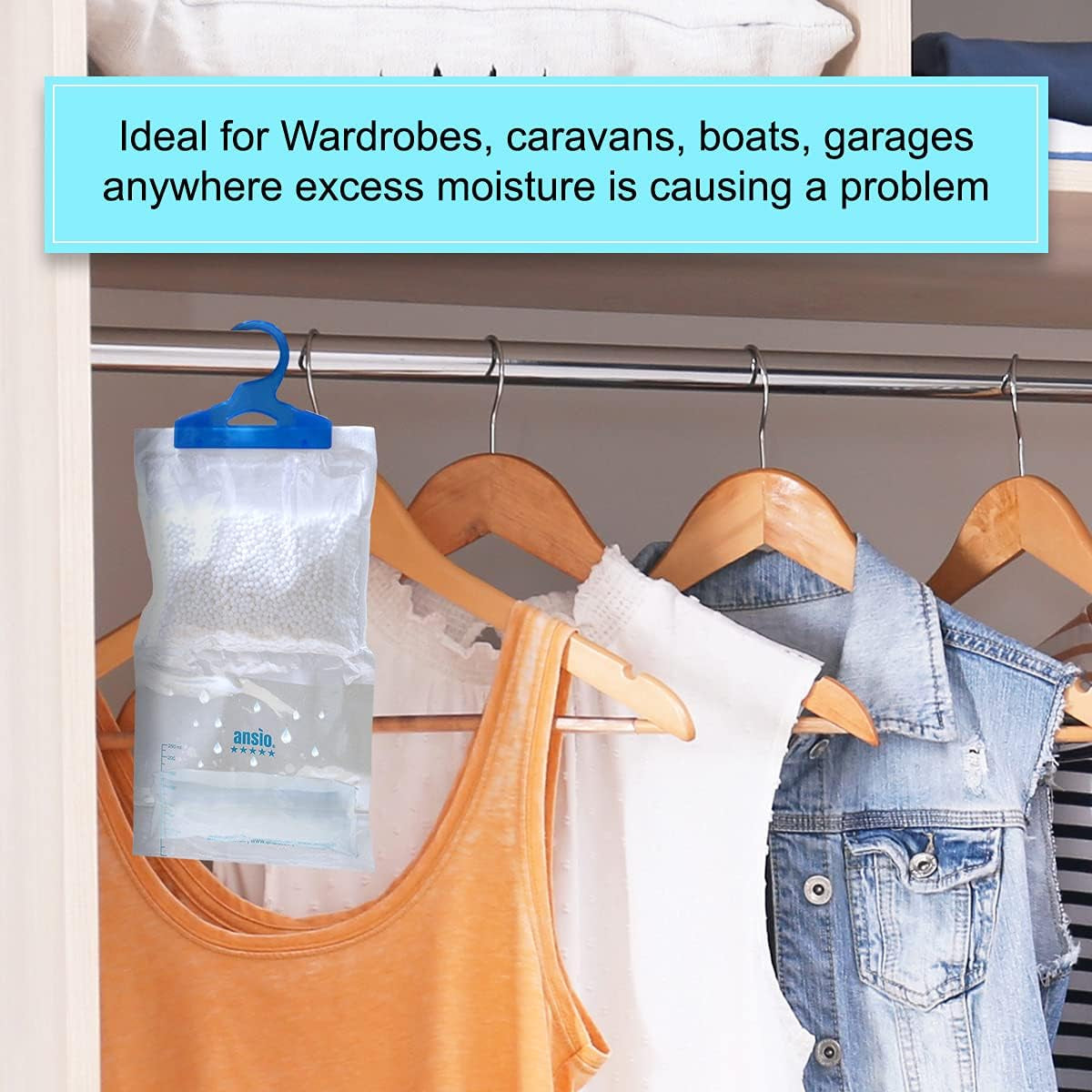 Wardrobe Dehumidifier Hanging Bags Pack of 12 Moisture Absorbers, Trap, Condensation, Dehumidifiers for Damp, Mould, Bedroom, Caravan, Bathroom, Basement, Office – 210G Each