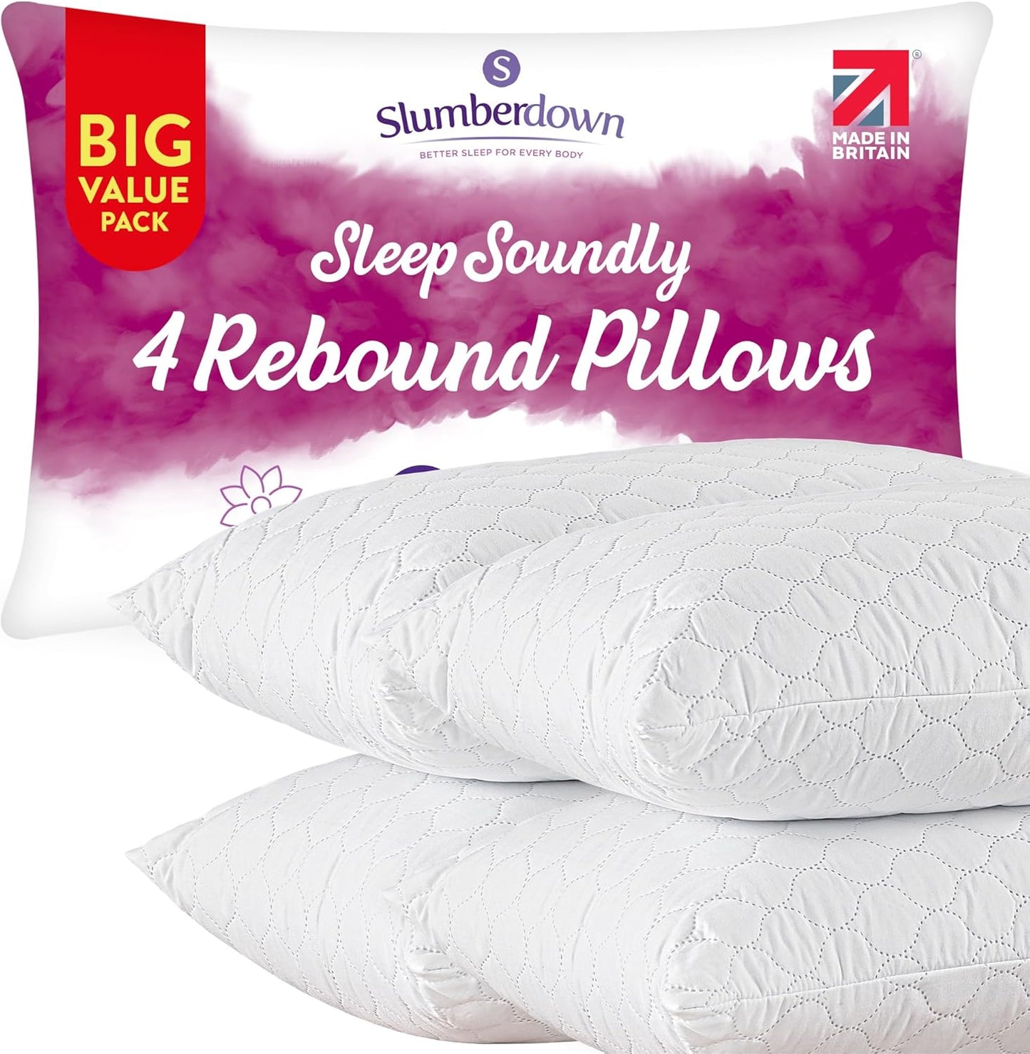 Hotel Quality Pillows 4 Pack - Bouncy Firm Support Side Sleeper Pillow for Neck, Back & Shoulder Pain Relief - Comfy, Soft Touch Quilted Cover, Hypoallergenic, Made in the UK (48 X 74Cm)
