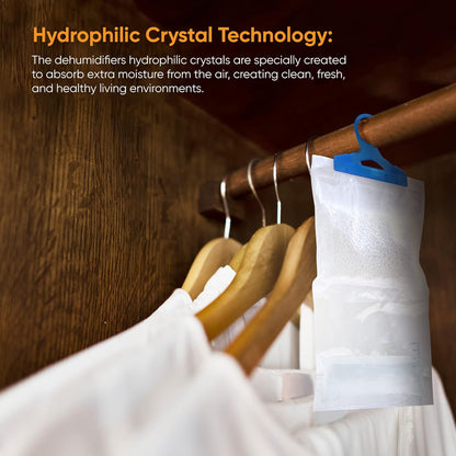 6 Wardrobe Dehumidifier Hanging Bags with Leak Proof Storage Bag & Hanging Hook Ideal to Stop Mould, Mildew & Condensation for Wardrobe | Hanging Dehumidifier Bags | Damp Remover