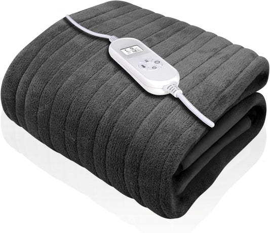 Luxurious Grey Heated Throw Electric Blanket, 160 X 120Cm Heated Blanket Machine Washable Soft Fleece Electric Throw Overblanket with Hr 12HR Timer and 9X Control Heat Settings