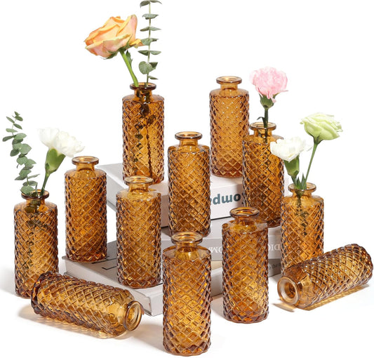Glass Bud Vases Set of 12, Small Diamond Bud Vases in Bulk, Mini Flowers Vases for Centerpieces, Vintage Bottle for Table Decorations, Wedding Decor, Recepetion, Home