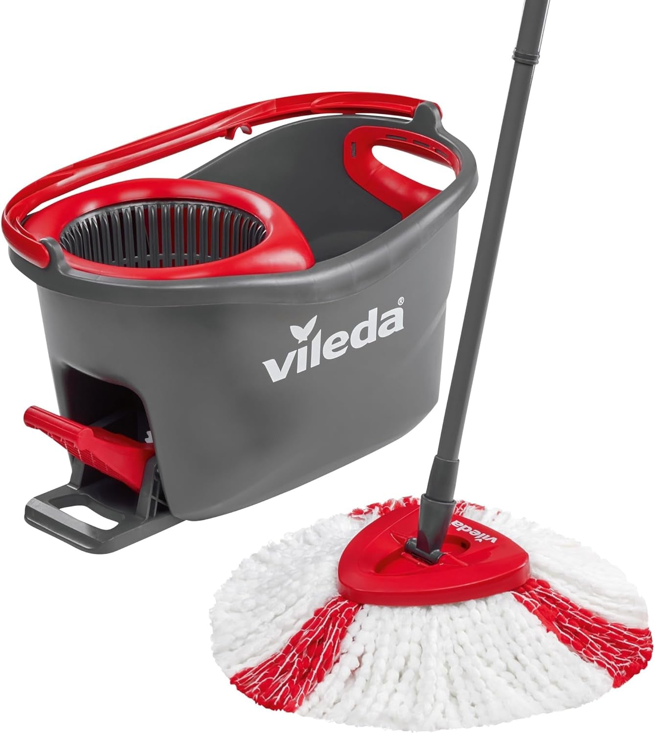 Turbo Microfibre Mop and Bucket Set, Spin Mop for Cleaning Floors, Set of 1X Mop and 1X Bucket,Grey/Red,48.5 X 27.5 X 28 Cm