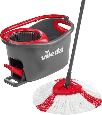 Turbo Microfibre Mop and Bucket Set, Spin Mop for Cleaning Floors, Set of 1X Mop and 1X Bucket,Grey/Red,48.5 X 27.5 X 28 Cm