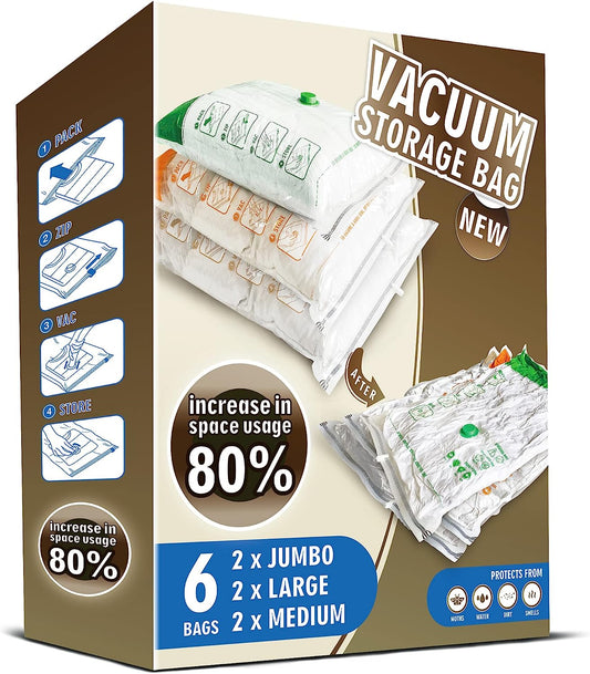 Space Saver Bags for Travel and Home Reusable Vacuum Storage Bags save 80% More Storage Space Work with Vacuum Cleaner (6 Combo, No Pump Included)