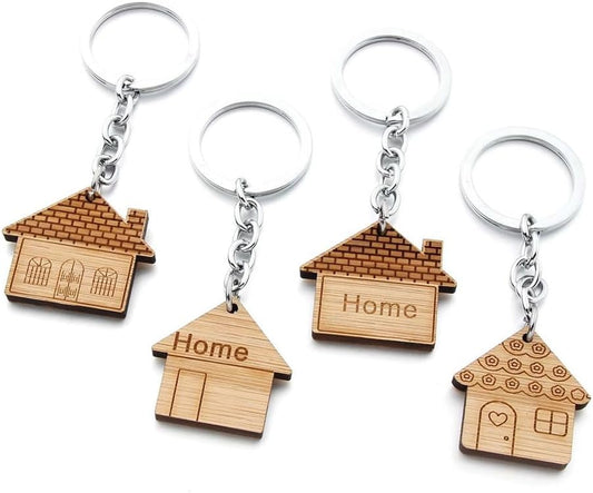 4 Pcs Wooden House Keychain Wooden Keychain Home Keyring Decoration Small House Shape Keychain Housewarming Gift Cute Home Keychain for Real Estate Gifts Home Clients Home Buyers Clients