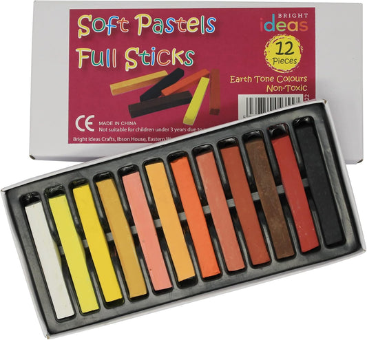 Soft Pastels – PK12 Assorted Earth-Tone Colours Soft Pastels Full Sticks - Intense Bright Colours - Perfect Oil Pastels for Kids, Artists, Students - Pastels for Paper and Canvas. BI8322.