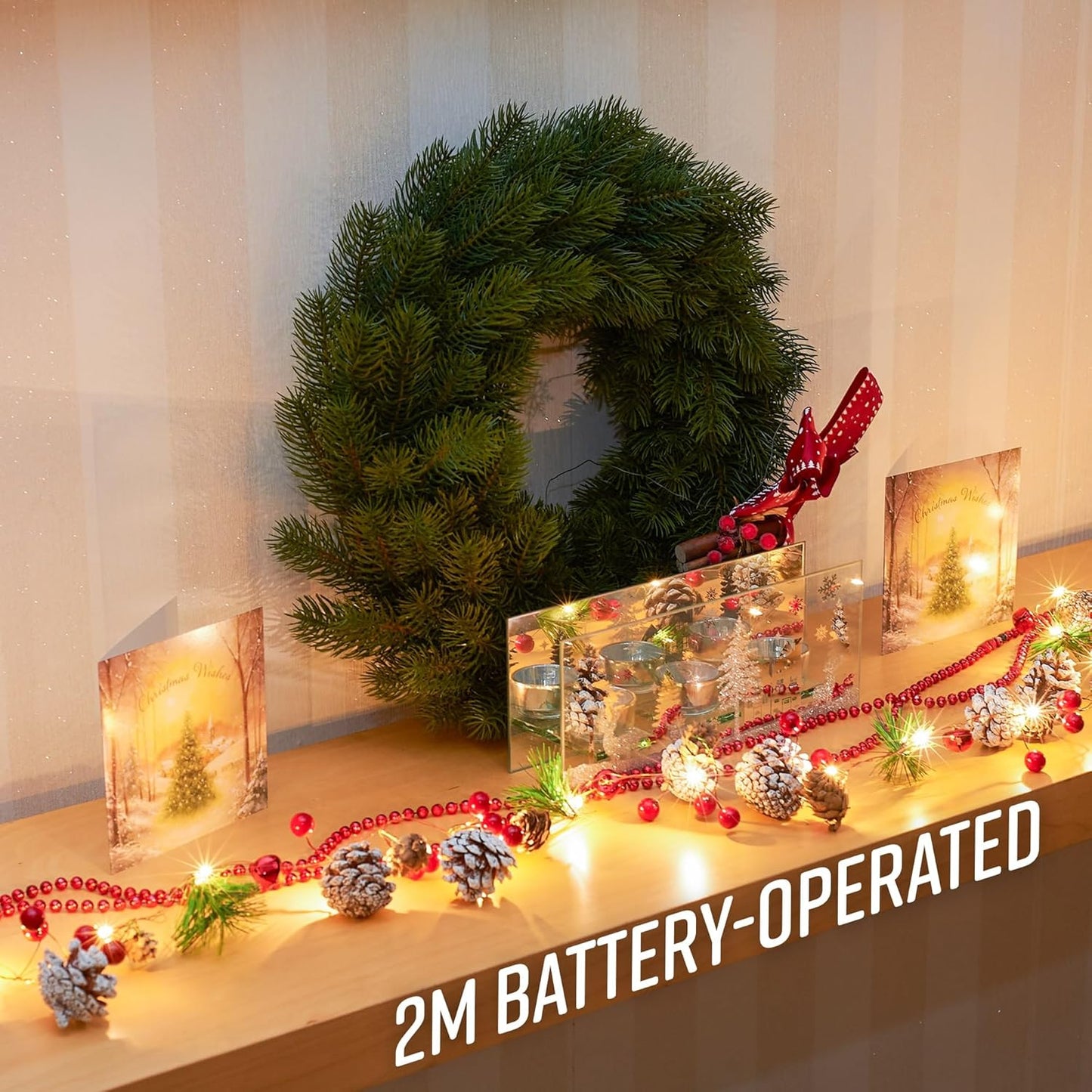 Christmas Garland - 2M Pre-Lit Decoration with 20 Leds for Fireplace, Indoor, and Stairs
