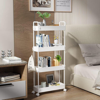 4-Tier Storage Trolley Cart Slide-Out Slim Rolling Utility Cart Mobile Storage Shelving Organizer for Kitchen, Bathroom, Laundry Room, Bedroom, Narrow Places, Plastic, White