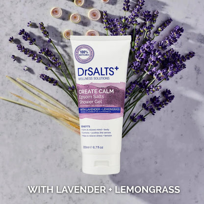 Drsalts+ Create Calm Shower Gel - Soothing Epsom Salts to Relax Body & Mind with Lavender, Chamomile & Lemongrass Essential Oils - Vegan & Cruelty-Free, 200Ml
