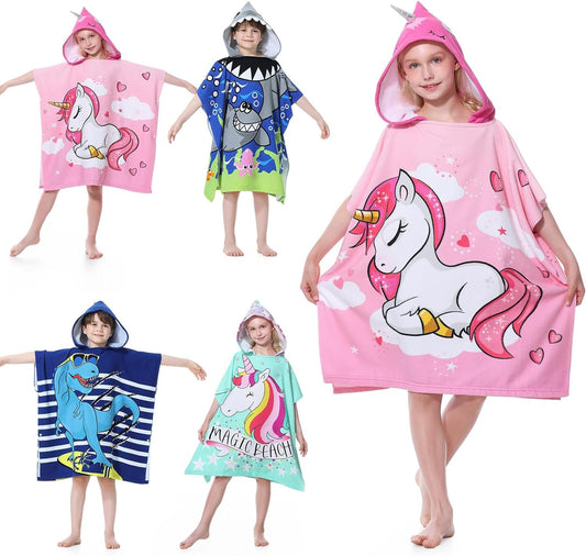 Kids Hooded Poncho Towels, Beach Changing Robe Bath Towel Poncho for Swimming Pool, Microfiber Soft and Large Bathrobe for Girls Boys Children 6-14 Years Old - Pink Unicorn