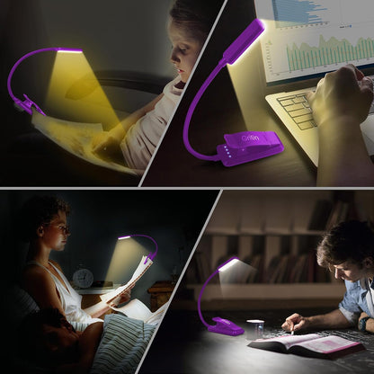 9 LED Clip on Book Light, 3 Eye-Protecting Modes Flexible Reading Light Book Lamp (Warm&Cool White) -Stepless Dimming, Rechargeable, Long Battery Life, 4-Level Power Indicator-Dark Purple