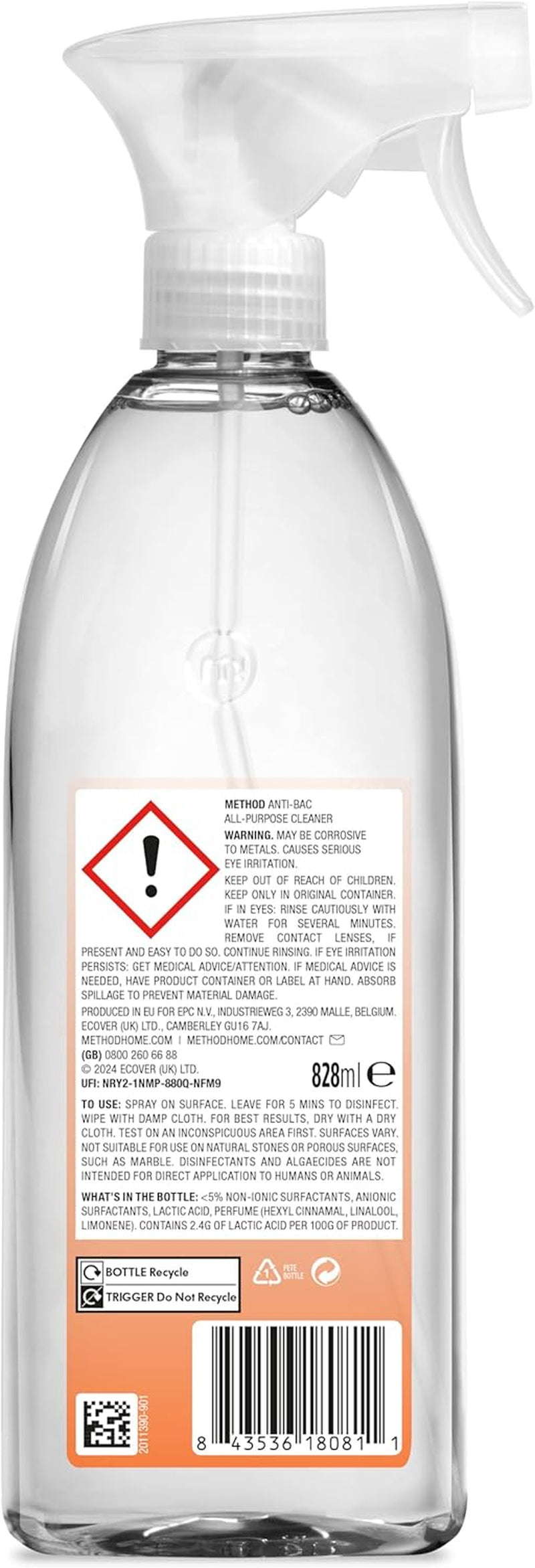 Antibacterial Spray, All Purpose Cleaner, Powerful Formula Kills 99.9% of Bacteria, Orange Yuzu Scent, Pack of 1,828 Ml