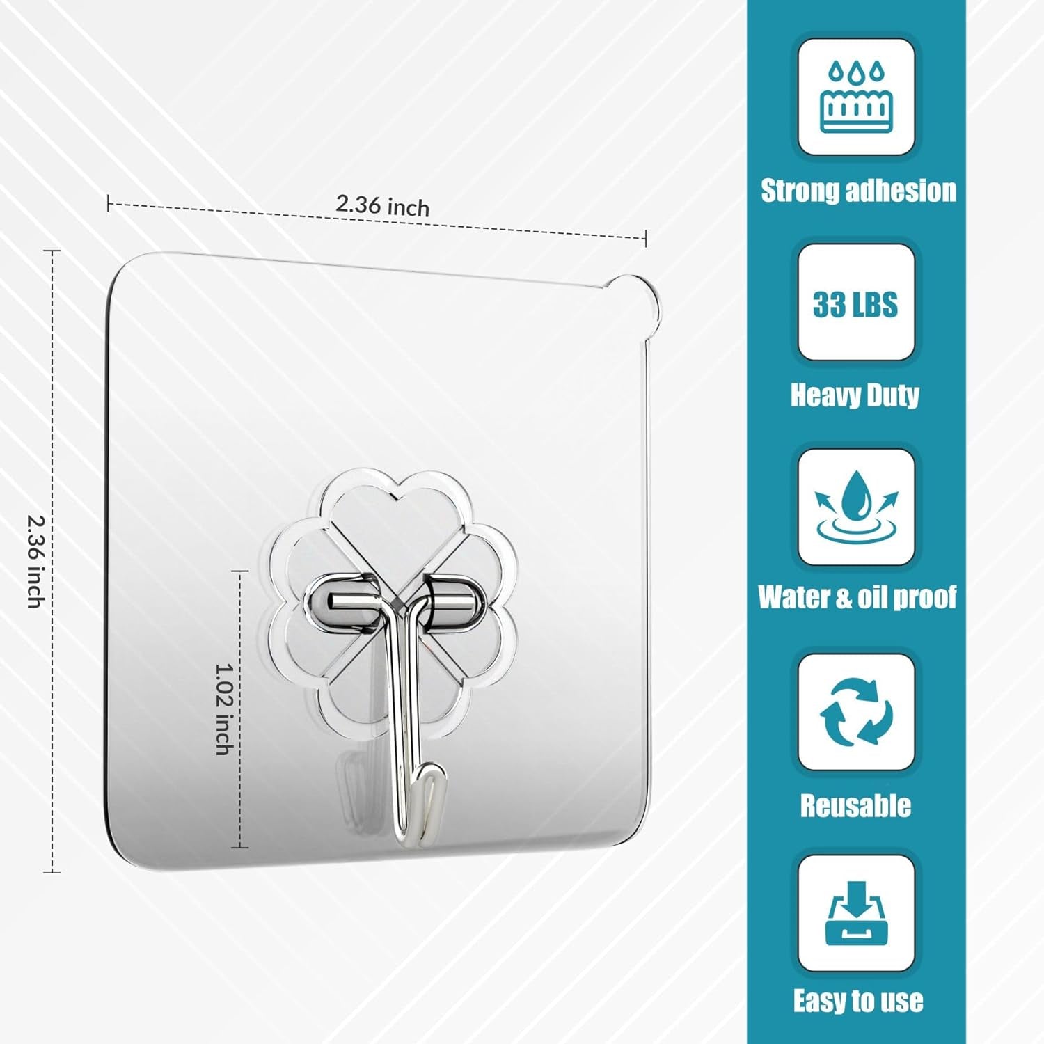 Wall Hooks 15Kg(Max) Heavy Duty Self Adhesive Hooks 10 Pack,Waterproof and Oilproof,Transparent Reusable Seamless Hooks Strong,Suitable for Bathroom Kitchen