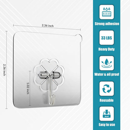 Wall Hooks 15Kg(Max) Heavy Duty Self Adhesive Hooks 10 Pack,Waterproof and Oilproof,Transparent Reusable Seamless Hooks Strong,Suitable for Bathroom Kitchen