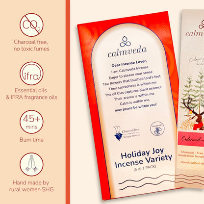 Happy Home Incense Sticks Multipack- (5 Variants) Charcoal Free, Made from Upcycled Flowers | Insense Cozy Warm Sticks like Vanilla Cake, Balsam Cedar, Rose & Cinnamon | Perfect Incense Gift Set