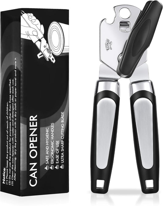 Tin Opener,  3-In-1Can Opener Handheld Heavy Duty Stainless Steel Can Openers with Multifunctional Bottle Opener, Black