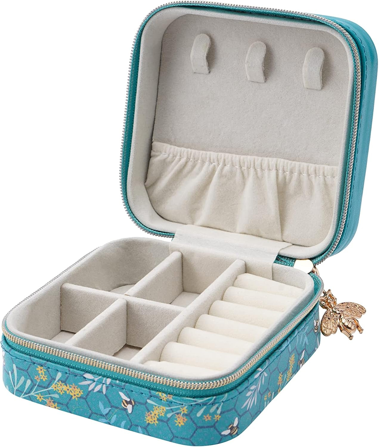 Square Travel Jewellery Box Case | Bee Design | Teal | Ladies Accessory | Organiser | Gift for Her | the Beekeeper GB06969