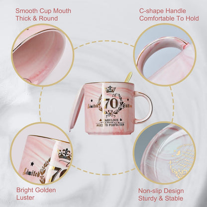 70Th Birthday Gifts for Women - 14Oz Pink Aged to Perfection Seventy Birthday Mug Printed with Gold - Happy Birthday Keepsakes Presents for 70 Years Old Grandma Mum Nanny, with Gift Box Lid Card Spoon