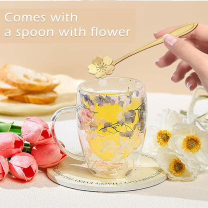 Gifts for Women Dried Flowers Double Wall Glass Coffee Mugs Cute Glass Tea Cups with Handles Christmas Birthday Gifts for Best Friend Teacher Mum Gifts Ideas Autumn Mug Home Decor(Grey+Pink)